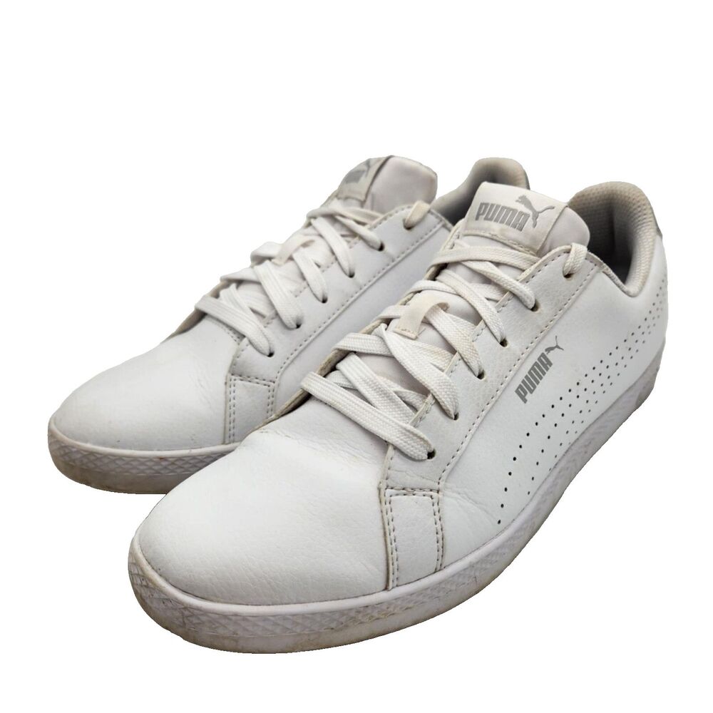 Puma Smash Womens 9.5 Classic White Leather Sneakers Perforated Silver Logo